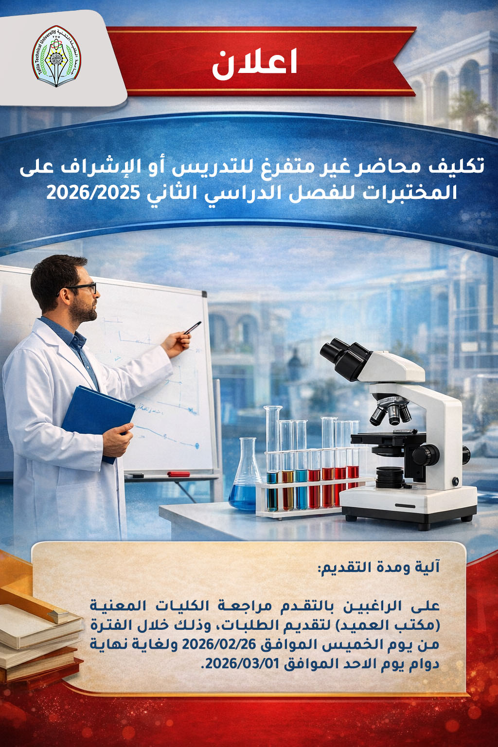 صورة اعلان تكليف محاضر غير متفرغ للتدريس أو الإشراف على المختبرات للفصل الدراسي الثاني 2025/2026- جامعة الطفيلة التقنية