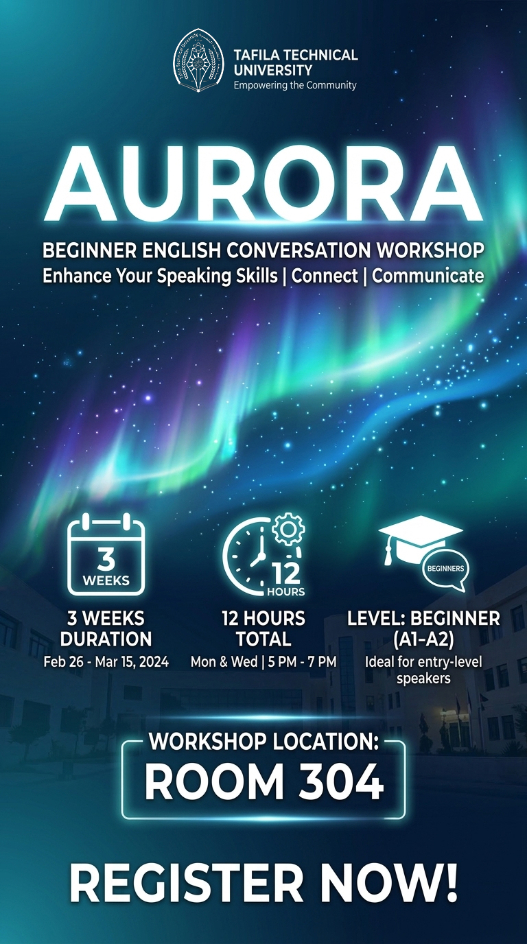 صورة ✨ ورشة “Aurora”: أساسيات المحادثة للمبتدئين في اللغة الإنجليزية