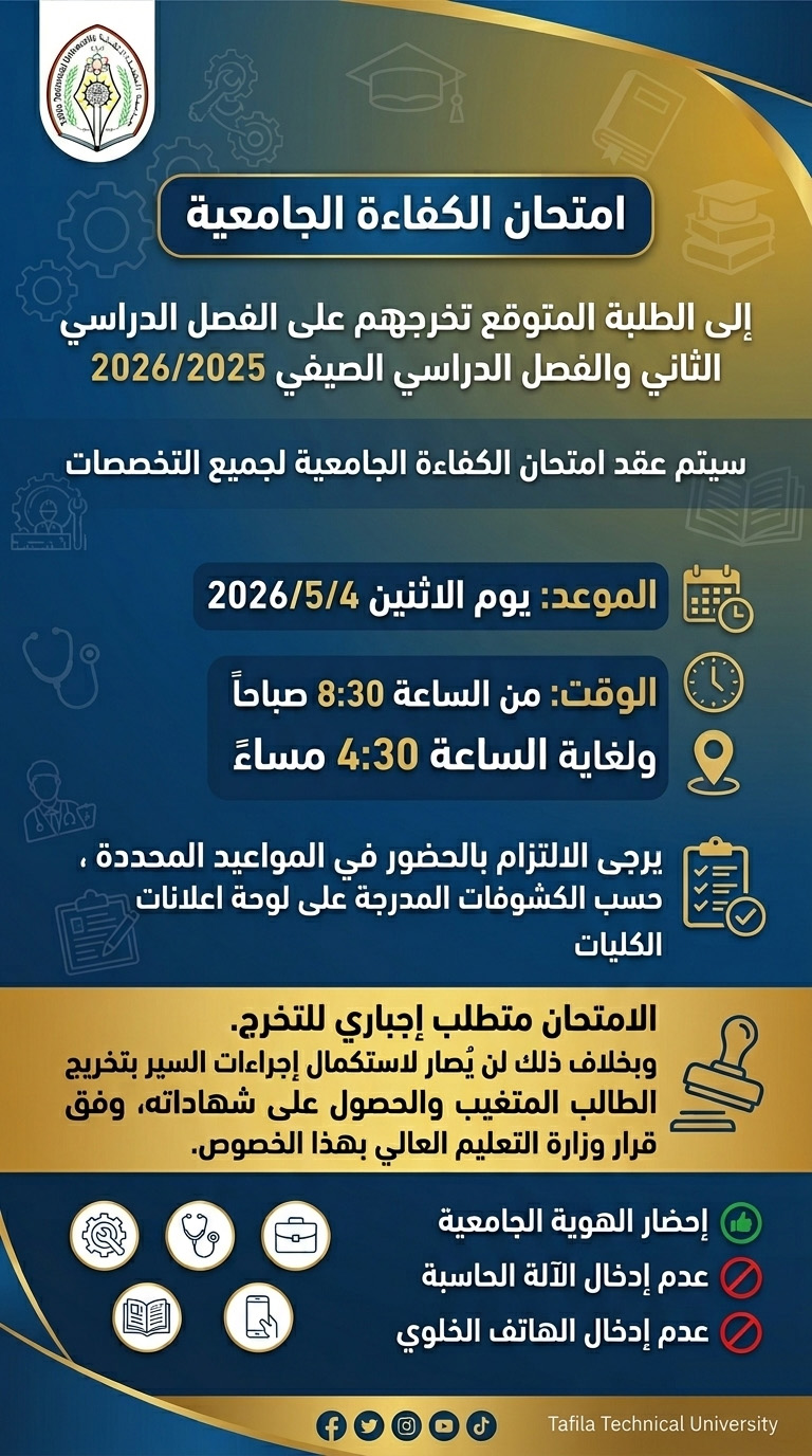 امتحان الكفاءة الجامعية للطلبة المتوقع تخرجهم على الفصل الدراسي الثاني والفصل الدراسي الصيفي 2026/2025